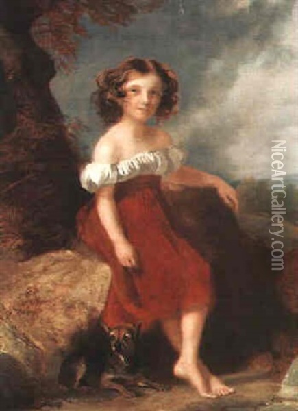 Portarit Of Jane Orme Seated In A Landscape Wearing A Red And White Dress, Her Dog By Her Side Oil Painting - Henry Thomson