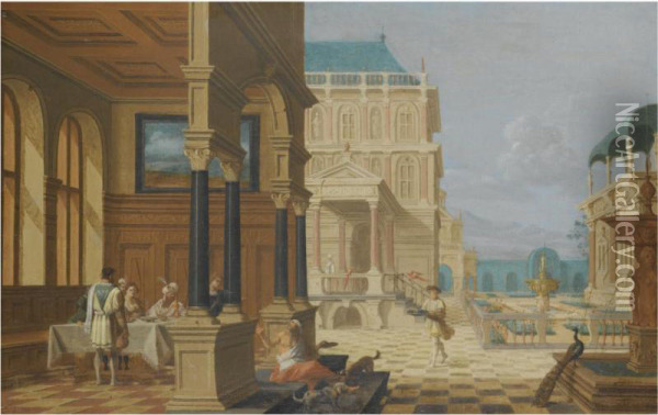 An Architectural Capriccio With Dives And Lazarus Oil Painting - Giselaer Nicolas De