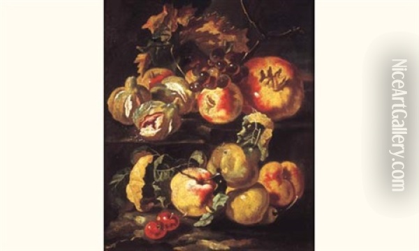 Nature Morte Aux Pommes, Grenade, Figues Et Raisins Sur Un Entablement Oil Painting - Giovanni Paolo Castelli (lo Spadino)