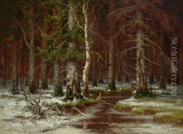 In The Depth Of A Pine Forest (collab. W/studio) Oil Painting - Yuliy Yulevich (Julius) Klever