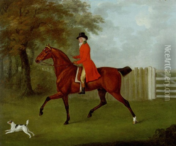 James Drake-brockman, Of Beachborough, Kent, On A Bay Hunter, With A Terrier, In A Wooded Landscape Oil Painting - John Nost Sartorius