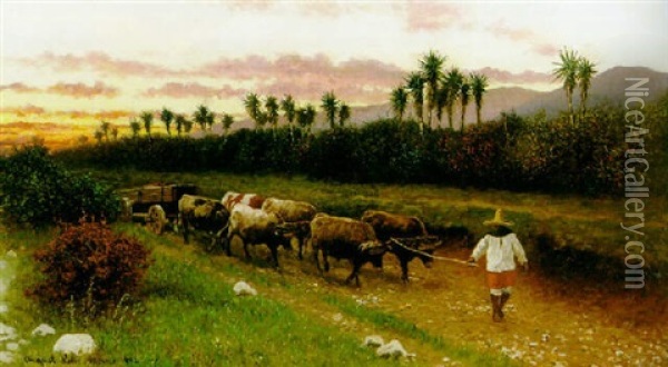 Peasant And Ox Cart Oil Painting - August Loehr