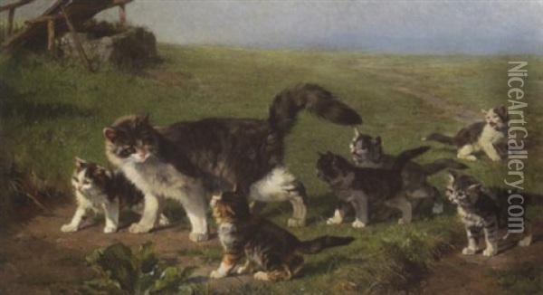 Katzenmutter Mit Ihren Jungen Auf Der Wiese Oil Painting - Julius Adam the Younger