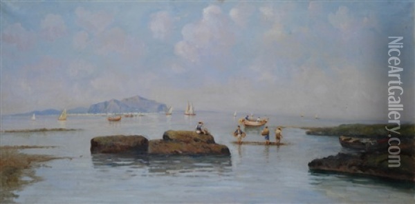 Marina Con Pescatori Oil Painting - Erminio Cremp