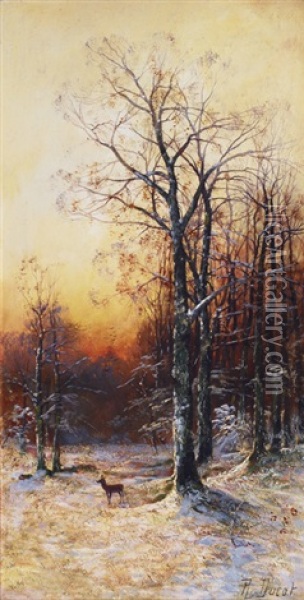 A Winter Landscape With A Deer Oil Painting - Georg Fischhof