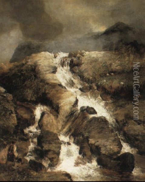Waterfall In Rocky Landscape With Fishermen Oil Painting - Frederick Richard Lee