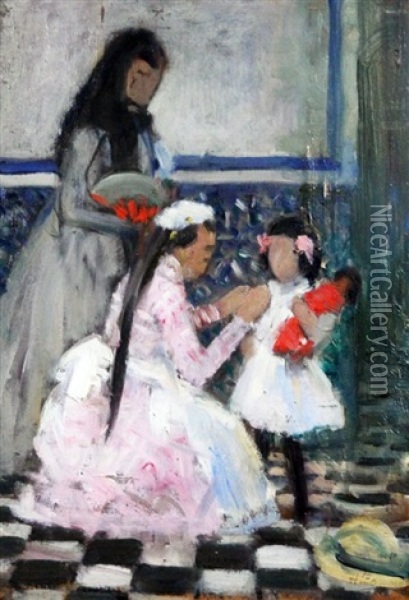 Interior With Maid Dressing A Child Oil Painting - Henri Achille Zo