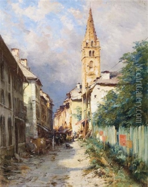 Une Rue A Barcelonnette, Alpes De Hautes Provence Oil Painting - Charles Alexandre Bertier