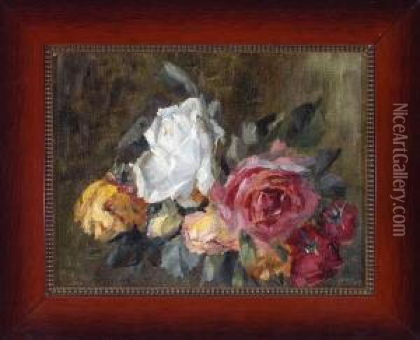 Buntes Rosenstuck Vor Grunlichem Grund Oil Painting - Anna Peters