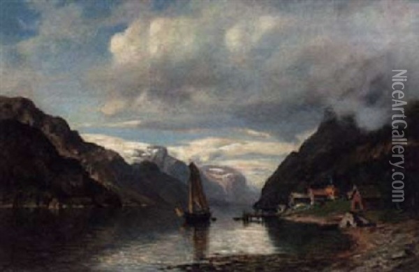 A Sailing Boat In A Rocky Fjord Landscape Oil Painting - Morten Mueller