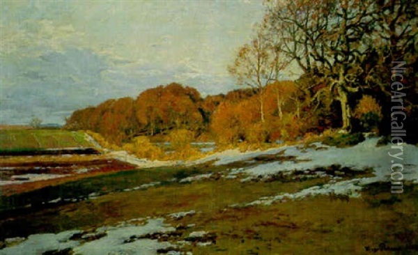 Melting Snow In An Extensive Landscape Oil Painting - Viggo Pedersen