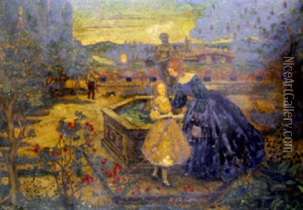 Elegant Lady With Her Daughter On A Terrace With An Ornamental Garden Beyond Oil Painting - Robert James Enraght Moony