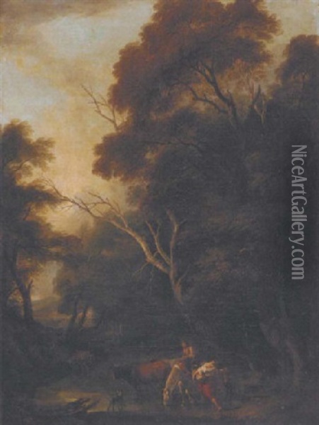 A Wooded Landscape With Droves At A Ford Oil Painting - Philip James de Loutherbourg