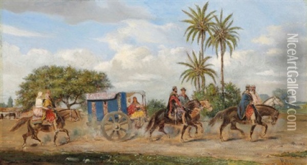 A Caravan Of Travellers, Argentina Oil Painting - Jean Leon Palliere