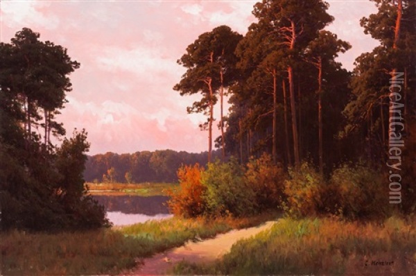 Abendliche Waldlandschaft Mit Spiegelndem Teich Oil Painting - Carl Kenzler