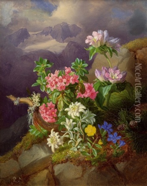 Alpenblumen Mit Blick Auf Den Dachstein Oil Painting - Andreas Lach