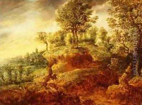 A wooded landscape with a wagon on a path and a church beyond Oil Painting - Gilles Neyts