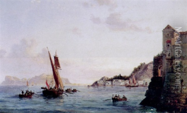 Marine Med Sejlskib Og Mange Robade Ud For Napolis Havn Oil Painting - Vilhelm Melbye