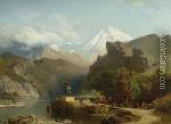 Mountain Landscape With Lake. 1868. Oil Painting - Paul Von Franken