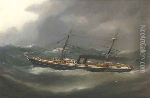 A P. & O. steamer reefed down in heavy seas Oil Painting - Marie-Edouard Adam Of Le Havre