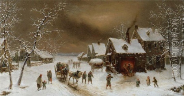 Soldaten Ziehen Durch Winterliche Dorflandschaft Oil Painting - Louis-Claude Malbranche