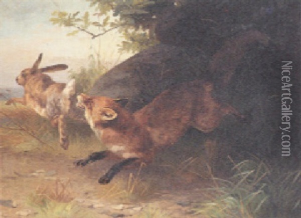 A Fox Chasing A Rabbit Oil Painting - Adolf Heinrich Mackeprang