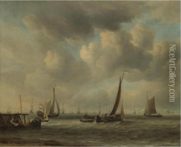 A Kaag And Other Dutch Coastal Vessels Putting Out From A Jetty,the Dutch Fleet Beyond Oil Painting - Willem van de, the Elder Velde