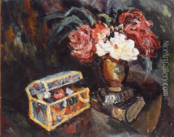 Nature Morte Aux Livres Et Au Coffre Oil Painting - Pierre Dumont