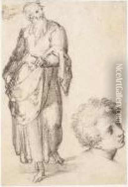 A Standing Bearded Man And A 
Separate Study Of The Head Of A Young Man Seen Almost In Profile Oil Painting - Giovan Battista Naldini