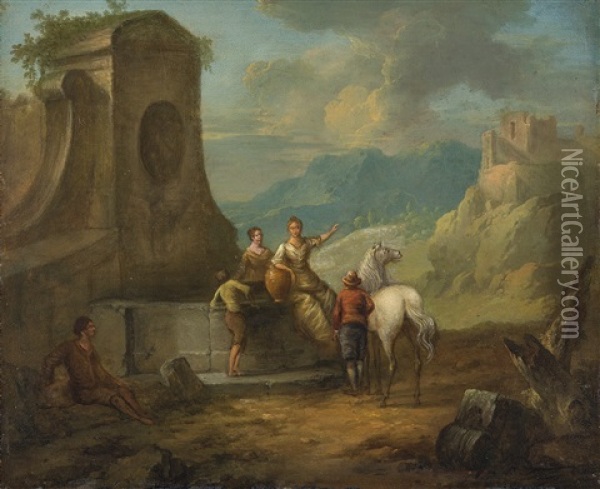 Landschaft Mit Steinbrunnen, Tier- Und Figurenstaffage Oil Painting - Franz de Paula Ferg