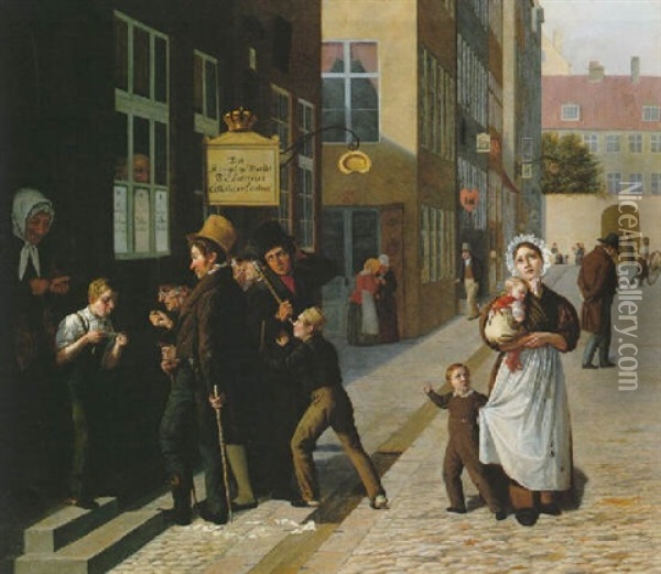 Outside The Lottery, Copenhagen Oil Painting - Julius Friedlaender