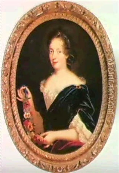 Portraet Af En Dame I Bla Velourkjole Holdende              Blomsterranke Oil Painting - Nicolas Mignard