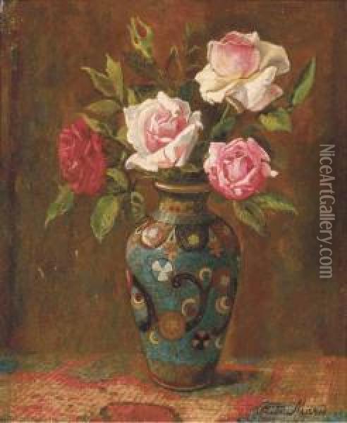 Rozen: Roses In A Cloissone Vase Oil Painting - Frits Maris