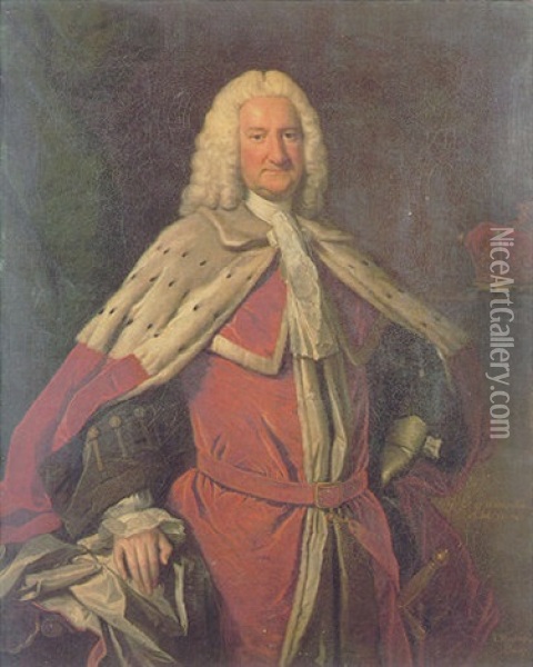Portrait Of Earl Of Warrington Wearing His Peer's Robes, Standing Beside An Earl's Coronet In An Interior Oil Painting - Thomas Hudson