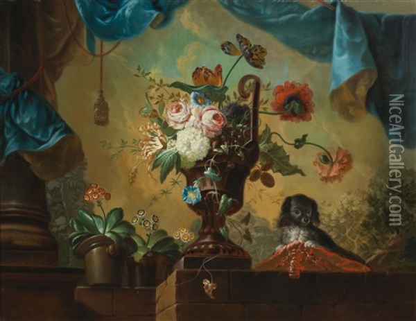 A Still Life Of Flowers With A Little Dog Oil Painting - Johann Martin Metz