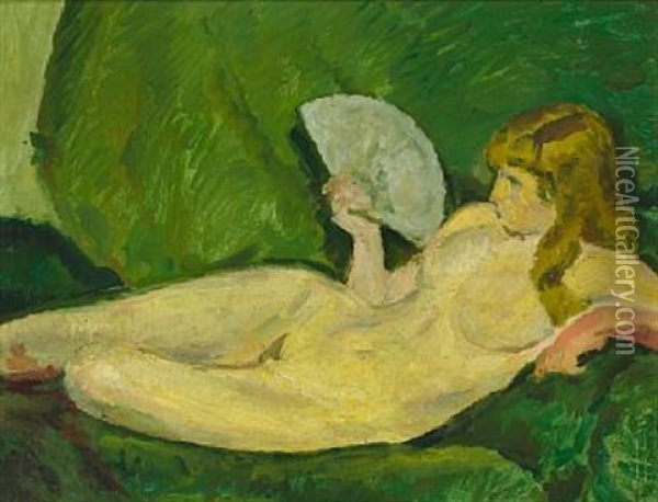 Liggende Model Med Vifte (reclining Woman With A Fan) Oil Painting - Harald Giersing