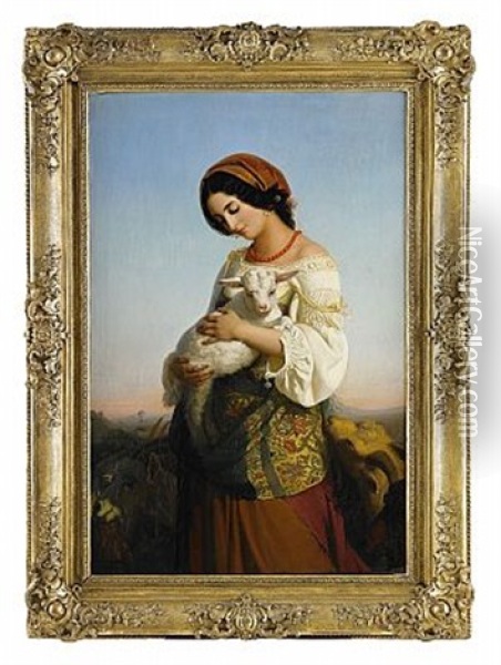 Kvinna Med Lamm Oil Painting - Rudolf W. A. Lehmann