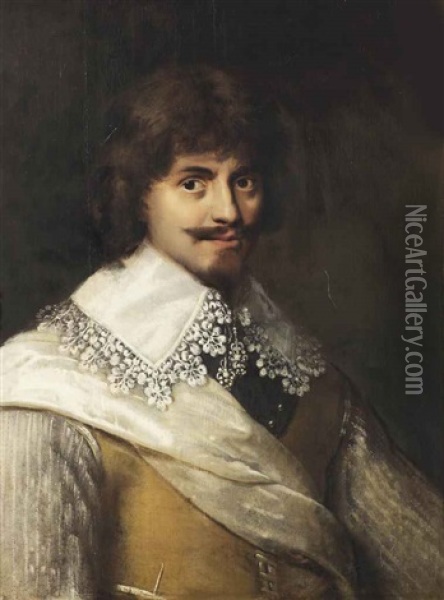 Portrait Of A Civic Guard, Half-length, In A Buff Coat And A Gorget, With A White Lace Collar And A White Silk Sash Oil Painting - Jan Anthonisz Van Ravesteyn