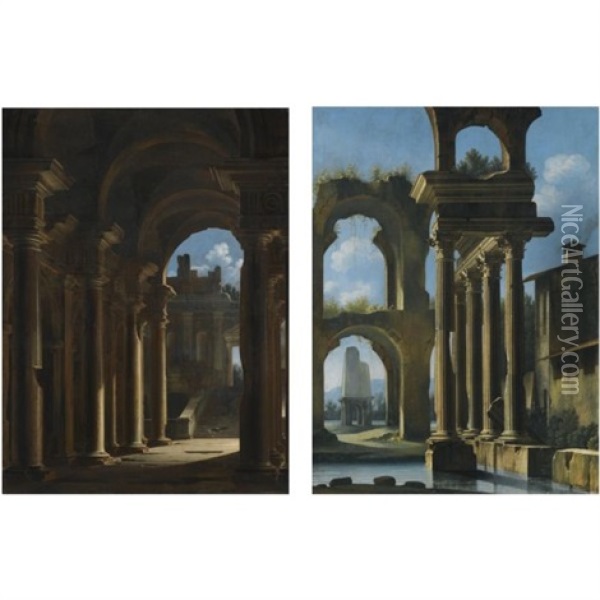 A Capriccio Of The Inside Of A Temple With Ruins Beyond (+ A Lacustrine Landscape With Classical Ruins; Pair) Oil Painting - Niccolo Codazzi