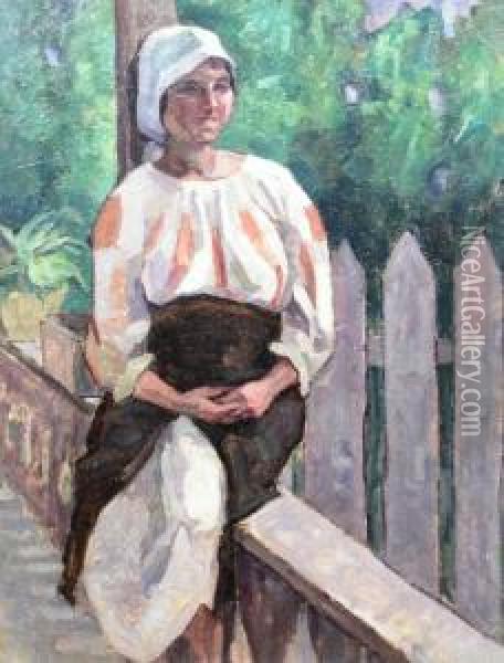 Peasant Woman Sitting Oil Painting - Gore Mircescu