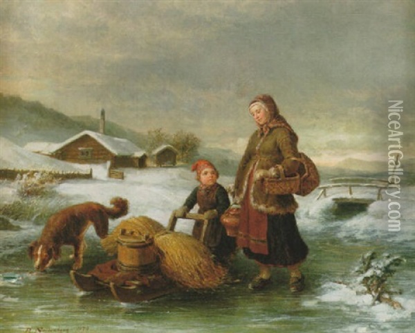 Mor Och Barn Pa Isen - Vintermotiv I Aftonljus Oil Painting - Bengt Nordenberg