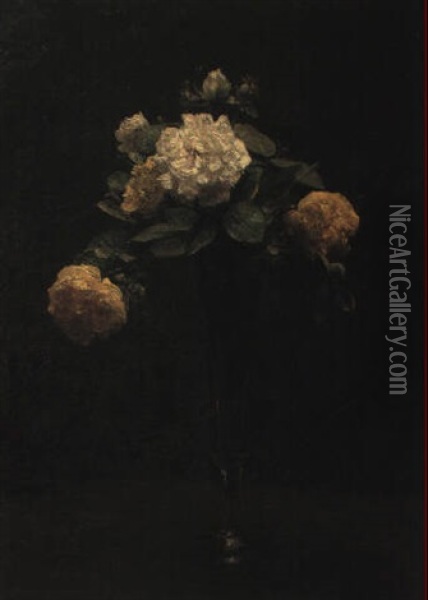 Roses Blanches Et Jaunes Dans Un Vase Haut Oil Painting - Henri Fantin-Latour