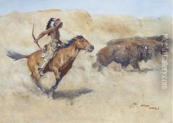 A Mounted Red Indian Hunting Buffalo Oil Painting - Arthur Wardle