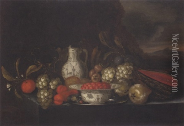 Grapes, Plums, Figs, Pears, Peaches, Oranges, A Melon, A Kraak Porcelain Bowl Of Strawberries, On A Pewter Platter With A Jug And A Glass Of Wine On A Stone Ledge In A Landscape Oil Painting - Jan Pauwel Gillemans The Elder