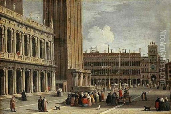 Venice: The Piazza San Marco Looking North From The Piazzetta Towards The Torre Del'orologio Oil Painting - Giovanni Richter