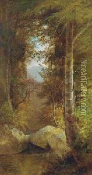 A River Running Through A Forest Oil Painting - Charles Day Hunt