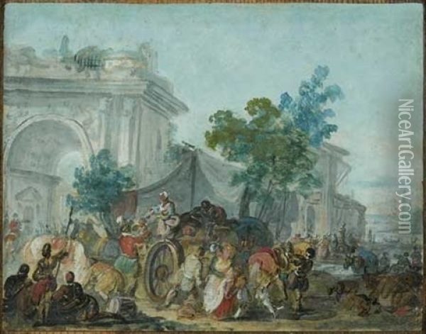 Scene De Marche Avec Un Arc De Triomphe Oil Painting - Jean-Baptiste Leprince