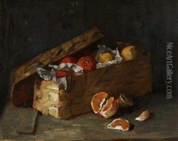 Bastkorb Mit Apfeln, Zitronen Und Geschalten Orangen Oil Painting - Otto Scholderer