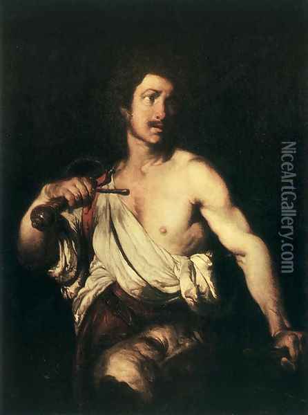 David with the Head of Goliath c. 1635 Oil Painting - Bernardo Strozzi