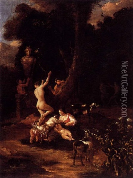 Pastoral Landscape With Nymphs, A Satyr And A Shepherdess With Her Flock And Cupids, A Statue Of The Goddess Diana Nearby Oil Painting - Abraham Jansz. Begeyn